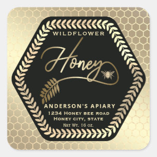 Hexagon branch  gold bee honey jar square sticker