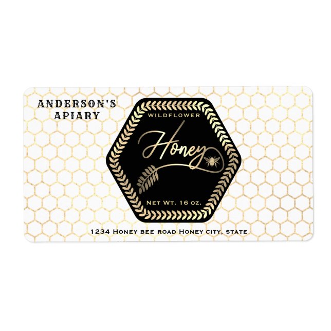 Hexagon branch  gold bee honey jar square sticker (Front)