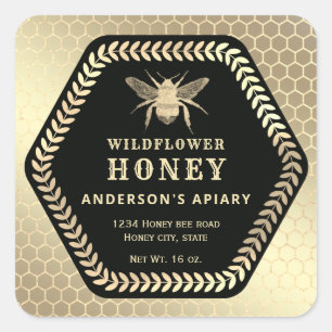 Hexagon branch  gold bee honey jar square sticker