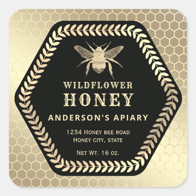 Hexagon branch  gold bee honey jar square sticker (Front)