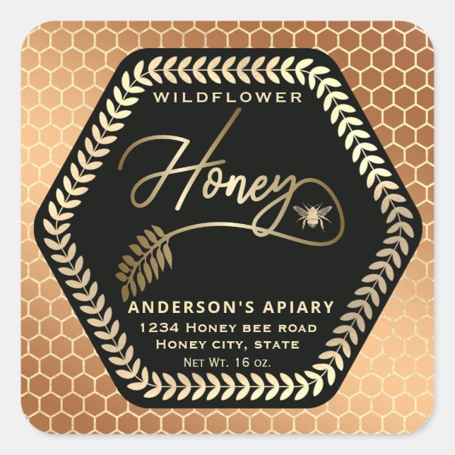 Hexagon branch  gold bee honey jar square sticker (Front)