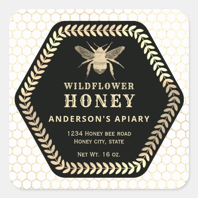 Hexagon branch  gold bee honey jar square sticker (Front)
