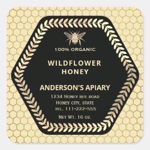 Hexagon branch  gold bee honey jar square sticker