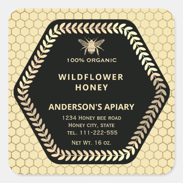 Hexagon branch  gold bee honey jar square sticker (Front)