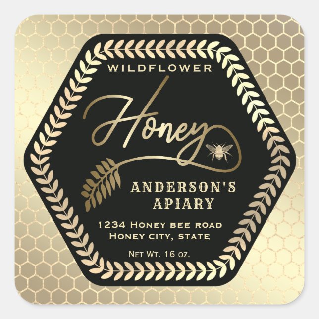 Hexagon branch  gold bee honey jar square sticker (Front)