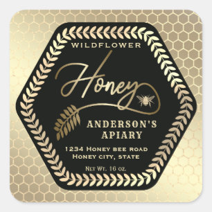 Hexagon branch  gold bee honey jar square sticker
