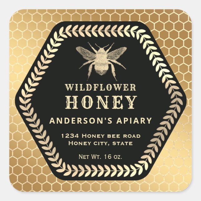 Hexagon branch  gold bee honey jar square sticker (Front)