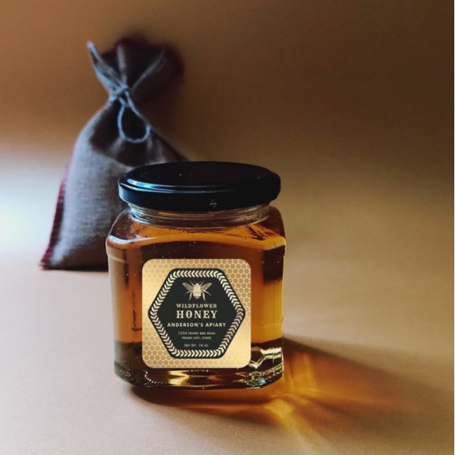 Hexagon branch  gold bee honey jar square sticker (Creator Uploaded)