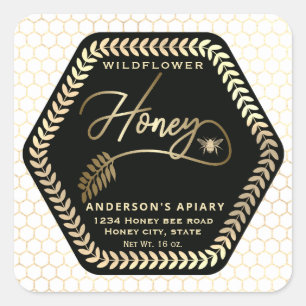 Hexagon branch  gold bee honey jar square sticker