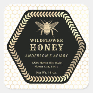 Hexagon branch gold bee honey jar square sticker