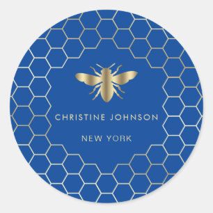 hexagon design bee logo on blue classic round sticker