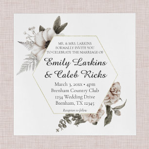 Hexagon Frame Gold Watercolor Floral Wedding Invitation