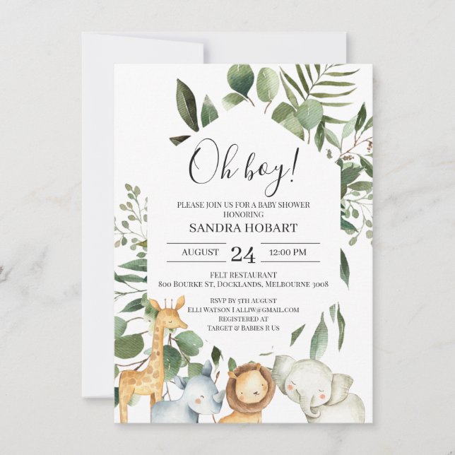 Hexagon Frame Greenery Safari Baby Shower Invitation (Front)