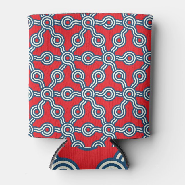 Hexagon grid, red blue, geometric pattern. can cooler (Front)