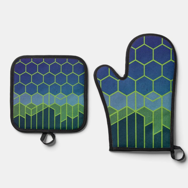 Hexagon Harmony Elegant Geometric Abstract Oven Mitt & Pot Holder Set (Front)
