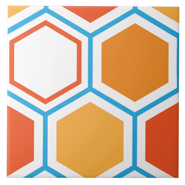 Hexagon in orange, blue and white ceramic tile (Front)