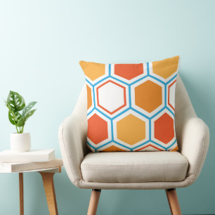 Hexagon in orange, blue and white cushion