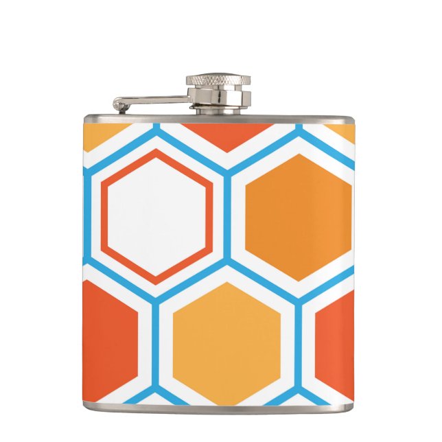 Hexagon in orange, blue and white hip flask (Front)