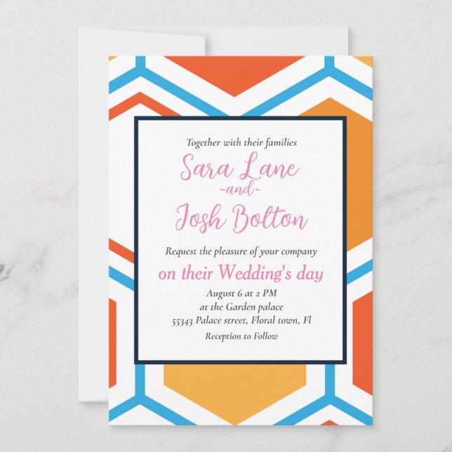 Hexagon in orange, blue and white invitation (Front)