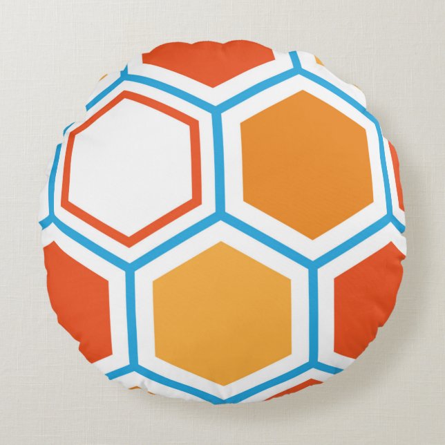 Hexagon in orange, blue and white round cushion (Front)