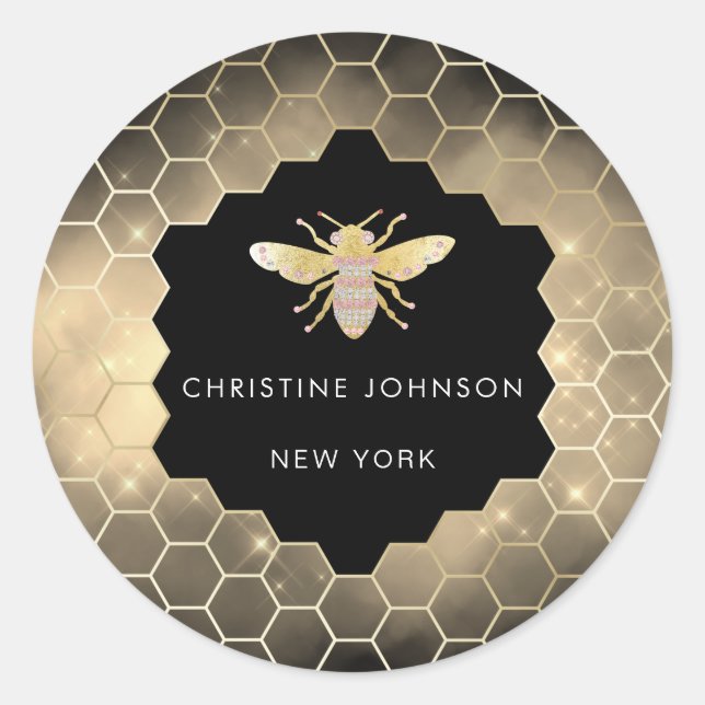 hexagon jewel bee logo on black classic round sticker (Front)