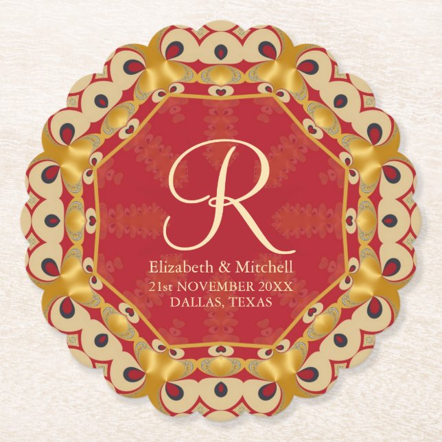 Hexagon Love Red Gold Monogram Custom Names Paper Coaster (Front)