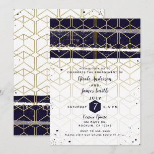 Hexagon Modern Navy Blue Gold Geometric Engagement Invitation