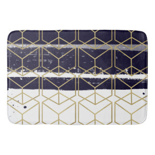 Hexagon Modern Navy Blue Gold Geometric Glam Bath Mat