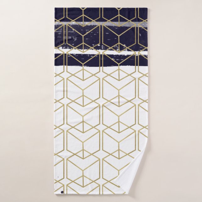 Hexagon Modern Navy Blue Gold Geometric Glam Bath Towel Set (Bath Towel)
