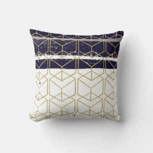 Hexagon Modern Navy Blue Gold Geometric Glam Cushion