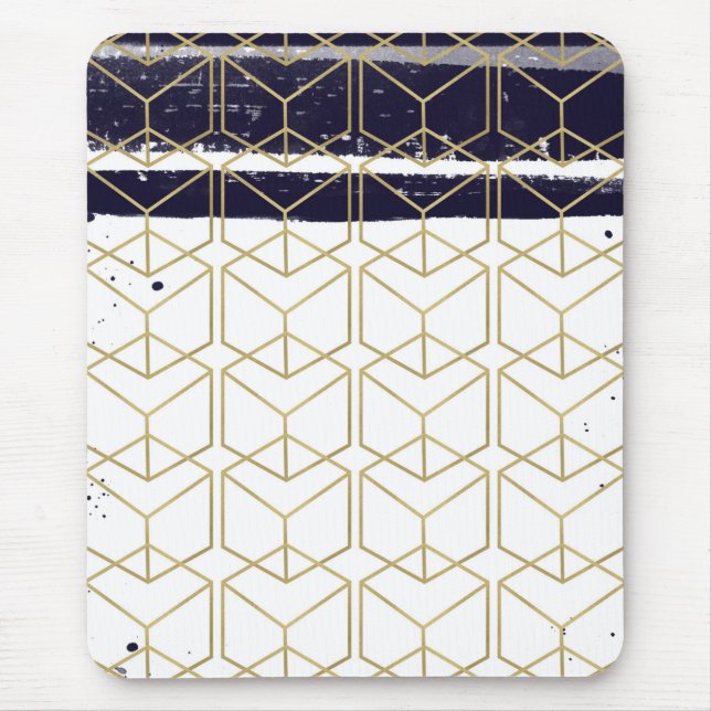 Hexagon Modern Navy Blue Gold Geometric Glam Mouse Pad (Front)