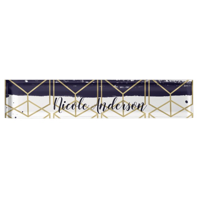 Hexagon Modern Navy Blue Gold Geometric Glam Nameplate (Front)