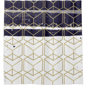 Hexagon Modern Navy Blue Gold Geometric Glam Shower Curtain