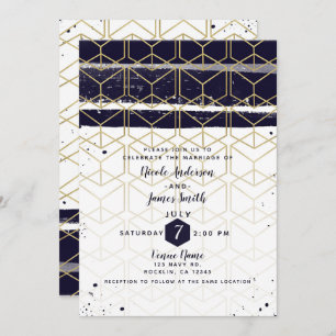 Hexagon Modern Navy Blue Gold Geometric Wedding Invitation