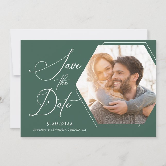 Hexagon Modern Photo Script Save the Date (Front)