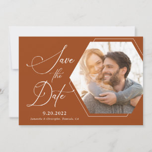 Hexagon Modern Photo Script Terracotta  Save The Date