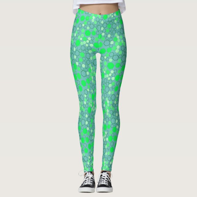 Hexagon pattern 02b.Green GBlue BG Leggings (Front)