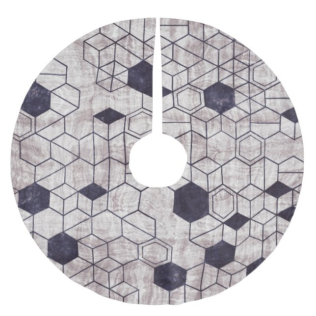 Hexagon pattern, isometric, grungy print brushed polyester tree skirt (Front)
