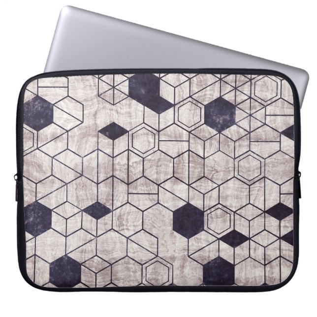 Hexagon pattern, isometric, grungy print laptop sleeve (Front)