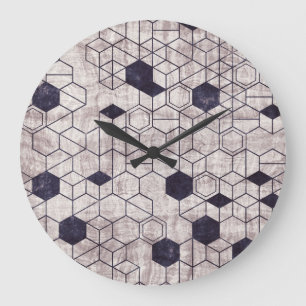 Hexagon pattern, isometric, grungy print large clock