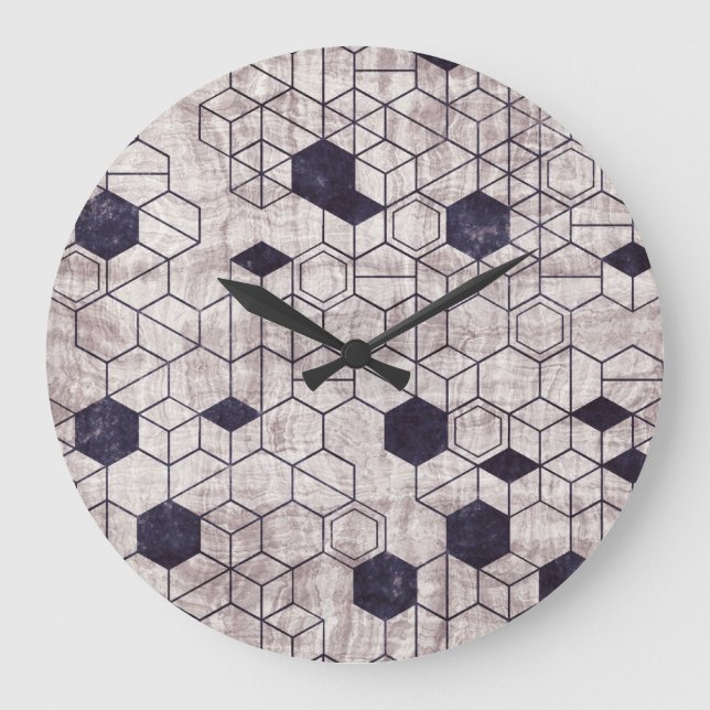 Hexagon pattern, isometric, grungy print large clock (Front)