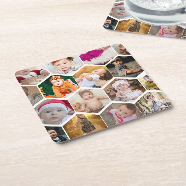 Hexagon Photo Collage Square Paper Coaster (Angled)