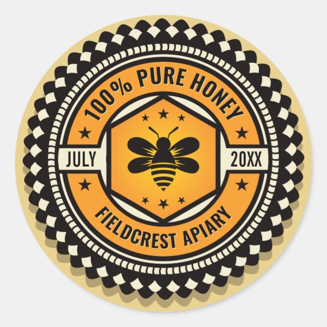 Hexagon Scalloped Orange Black Honey Jar Stickers (Front)