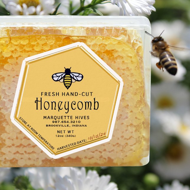 Hexagon Shaped Yellow Honeycomb Label with Bee (Creator Uploaded)