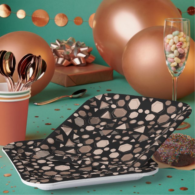 Hexagon & Triangle Pink & Brown on Black Pattern  Paper Plate (Multi)