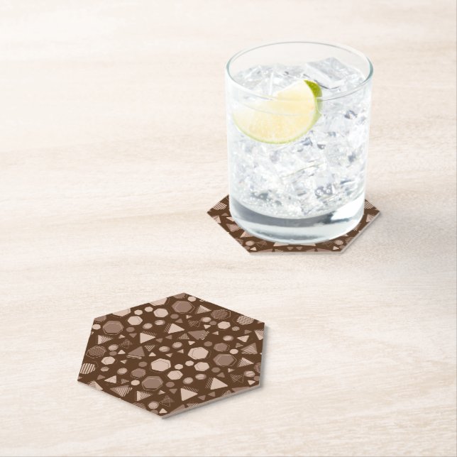 Hexagon & Triangle Pink & Brown on Brown Pattern  Paper Coaster (Insitu)
