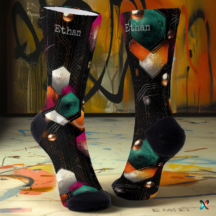 Hexagonal Abstract in Emerald, Orange on Black Socks
