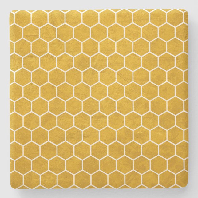 Hexagonal Hexagon Pattern Yellow Stone Coaster (Front)