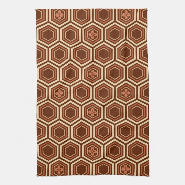 Hexagonal Kimono Print, Brown and Beige Tea Towel (Vertical)