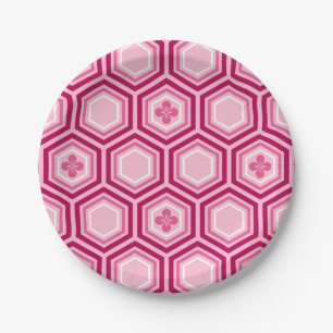 Hexagonal Kimono Print, Burgundy and Pink Paper Plate